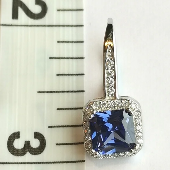 Sterling Silver CZ Sapphire CZ square cut earrings lever backs - Picture 3 of 9